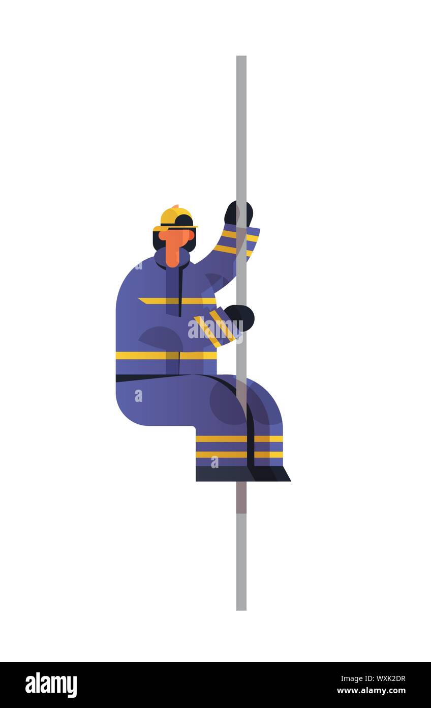 Coraggioso pompiere lo scorrimento verso il basso del palo della stazione dei vigili del fuoco vigile del fuoco che indossano uniformi e casco antincendio servizio di emergenza incendio estinzione concept Illustrazione Vettoriale