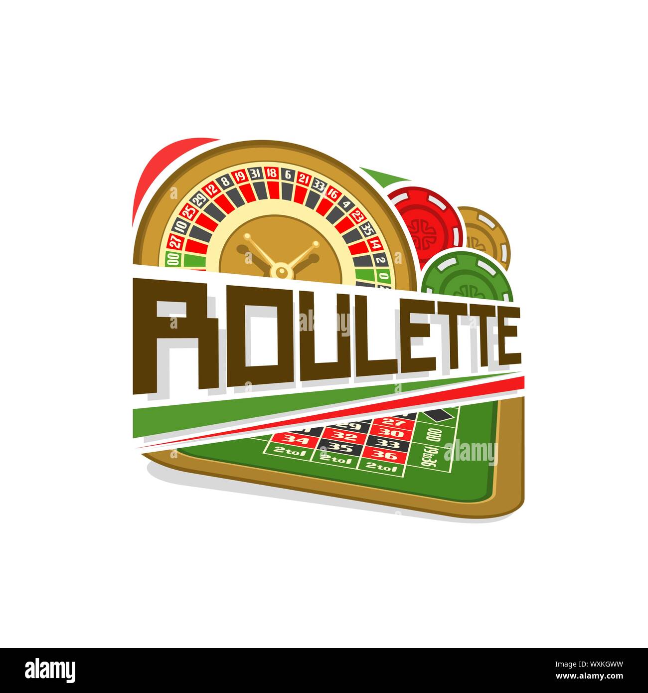 Il logo del vettore per la Roulette gamble: ruota di american roulette con doppio zero, chip colorati, testo - sopra roulette tavolo da gioco per gioco d'azzardo. Illustrazione Vettoriale