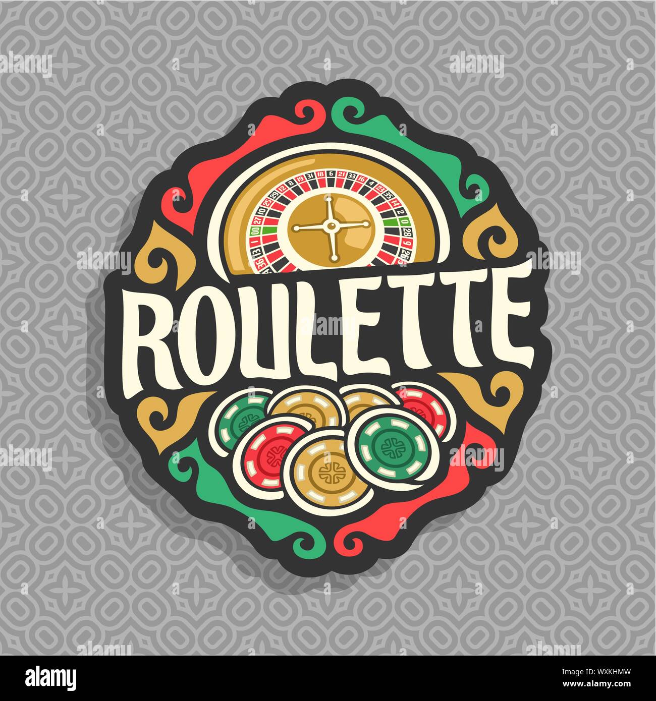 Il logo del vettore per la Roulette gamble: ruota di american roulette con doppio zero, il mucchio di riproduzione di chips, testo - roulette su grigio seamless pattern. Illustrazione Vettoriale