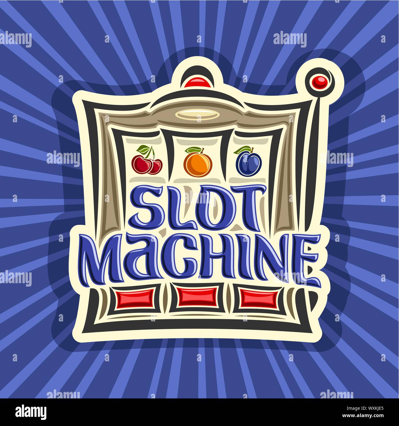 Poster del vettore per la Slot Machine: logo del gioco d'azzardo di Online casino su blu raggi di luce sullo sfondo, gamble segno con caratteri - slot machine, su aspo: Illustrazione Vettoriale