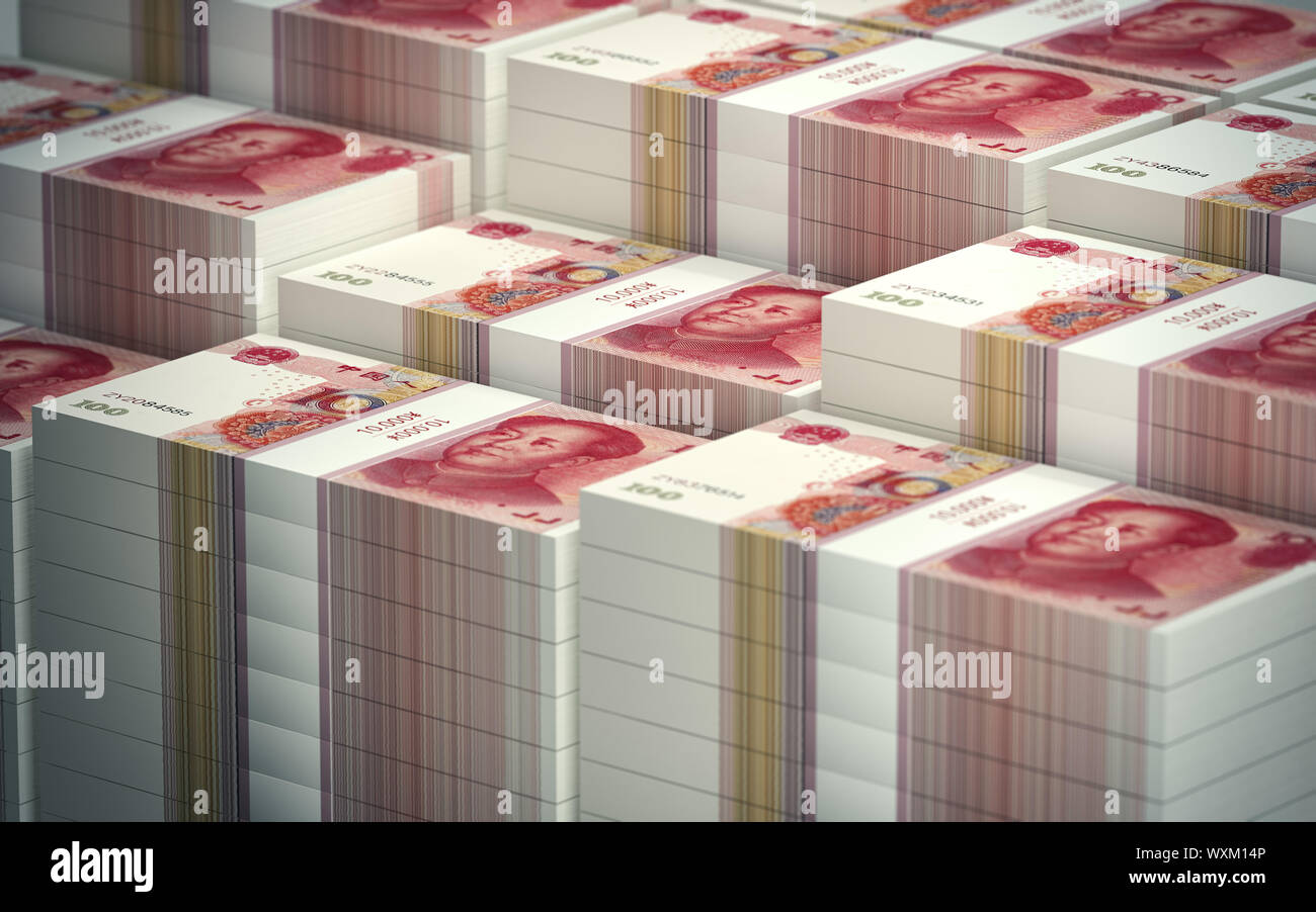 Pile di cinesi 100 Yuan fatture. - Il rendering 3D Foto Stock