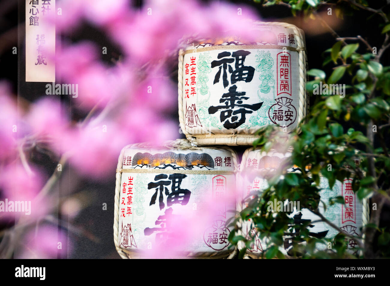 Botti decorative di sake a Osaka, Giappone, in una cantina di riso. Foto Stock