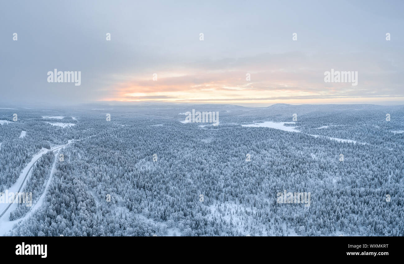 Vista aerea di Pyhä-Luosto National Park e la vasta foresta boreale durante il tramonto in inverno. Foto Stock