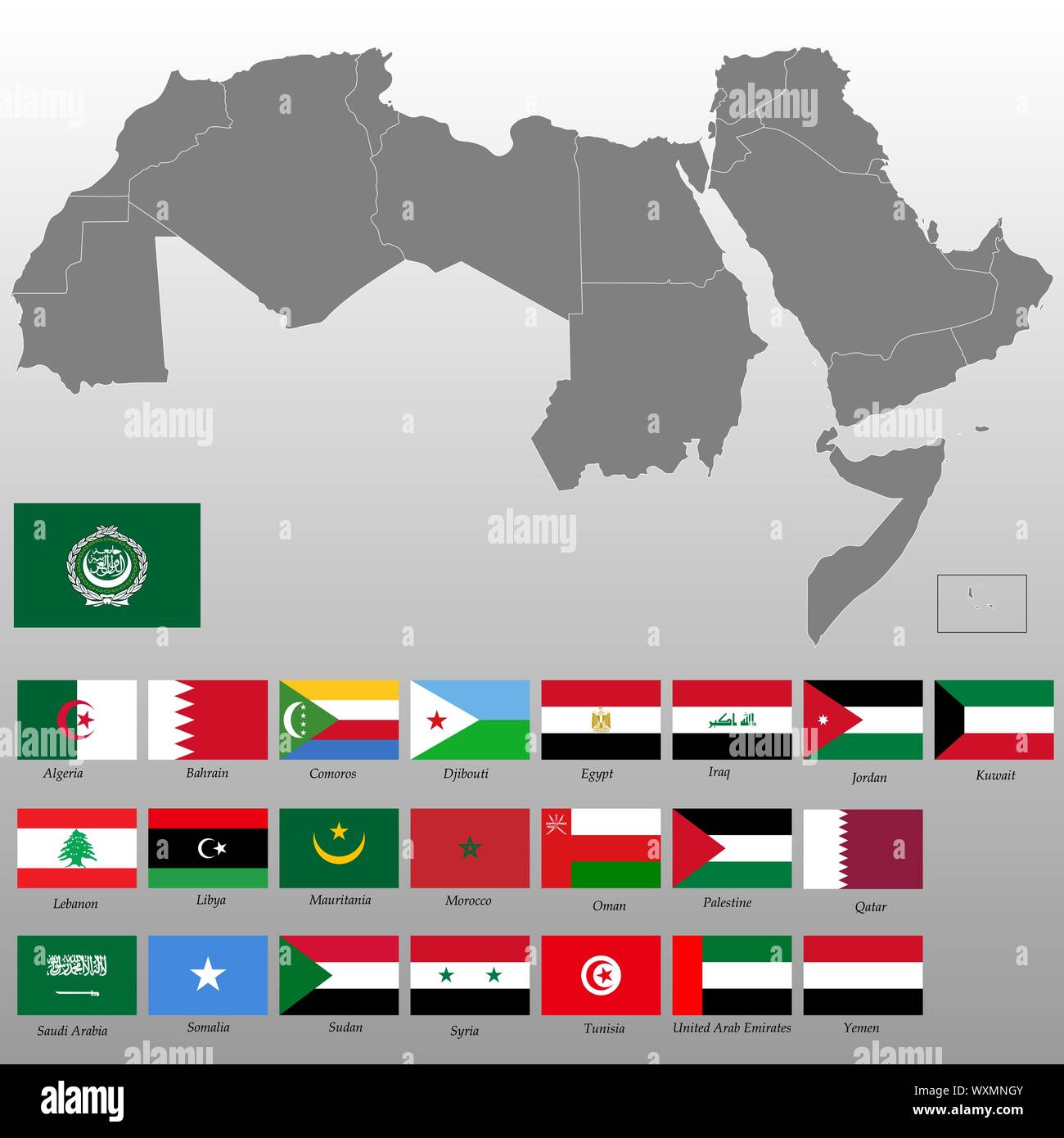 Alta qualità mappa del mondo arabo con frontiere degli stati, Illustrazione Vettoriale
