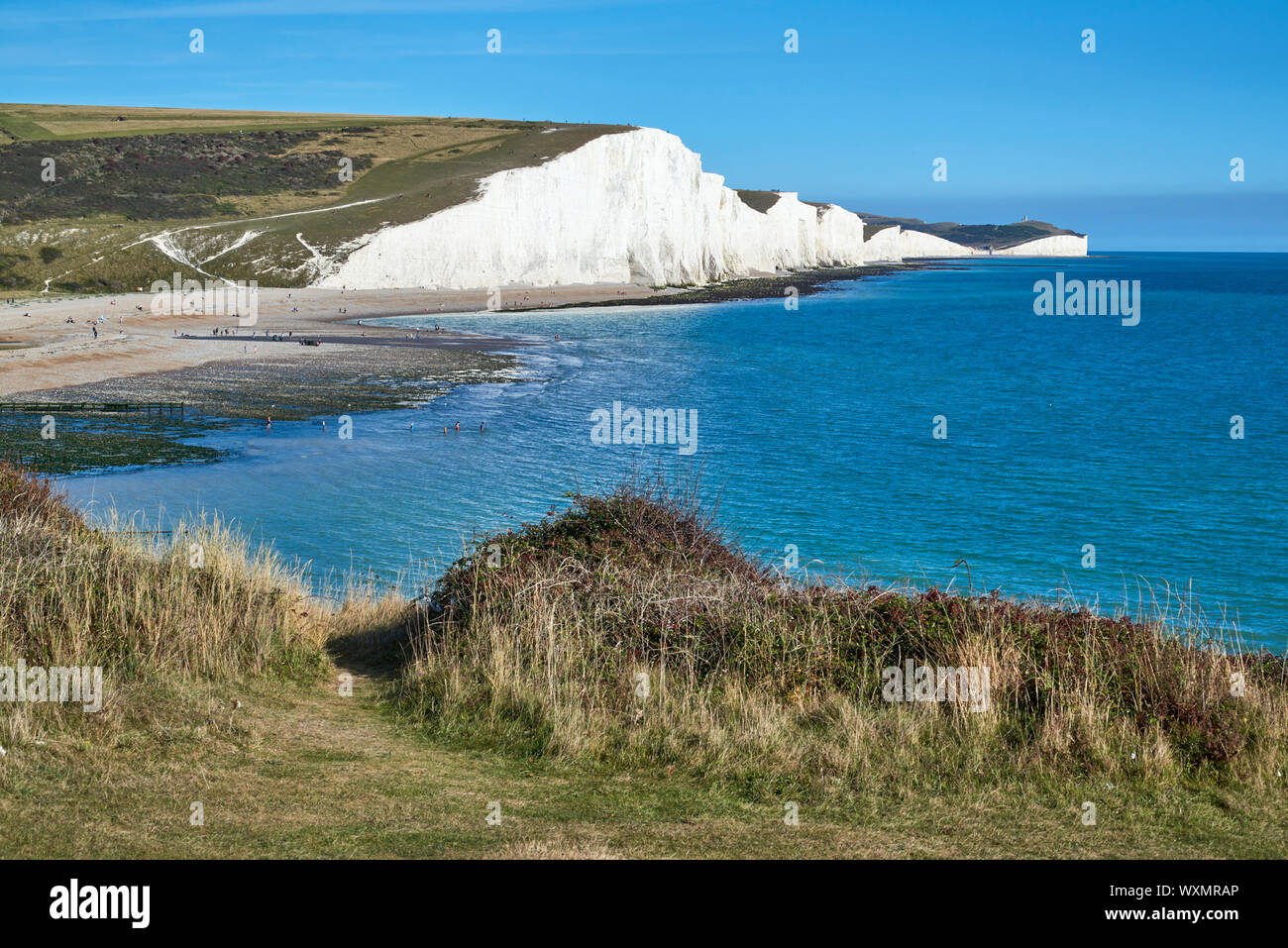 Vista di sette sorelle chalk cliffs e Cuckmere Haven da Seaford Testa, East Sussex, sulla costa sud dell'Inghilterra Foto Stock