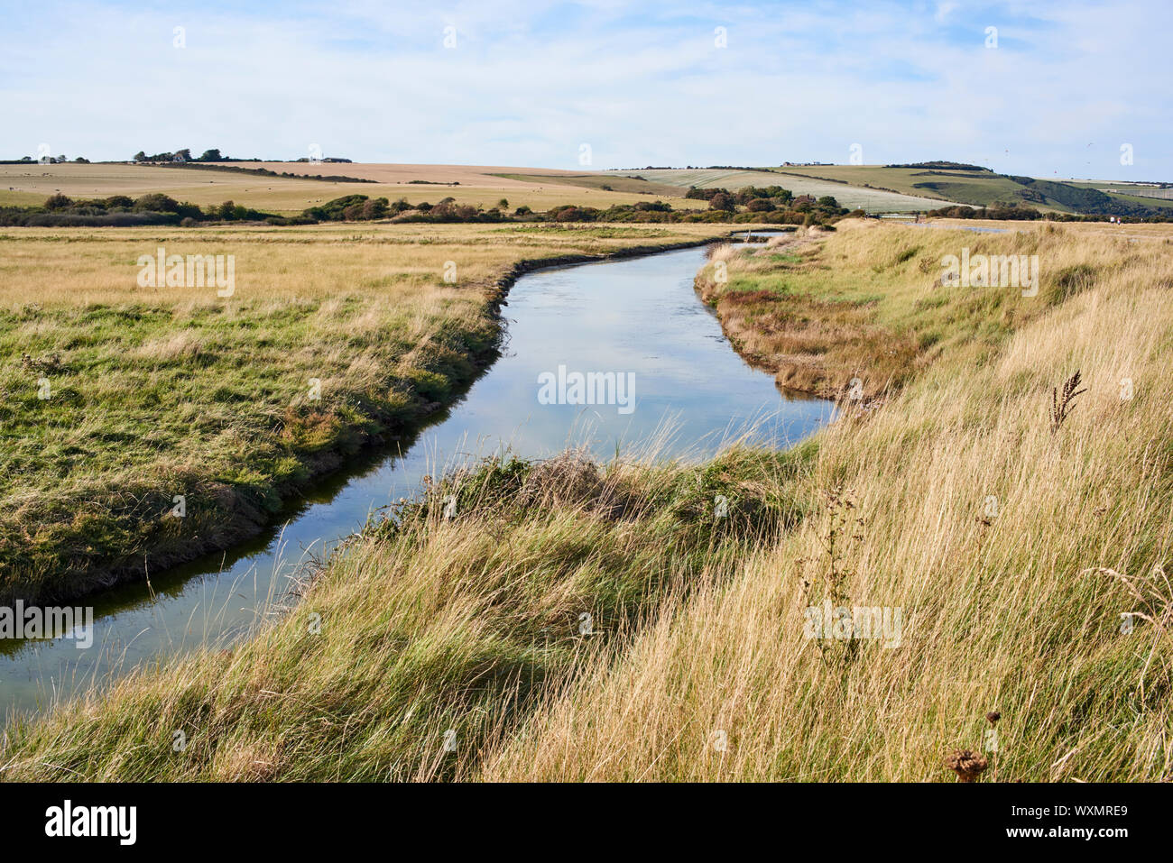 Flusso in Cuckmere Valley vicino a Eastbourne, East Sussex, Regno Unito, guardando a nord verso il South Downs e Exceat Foto Stock