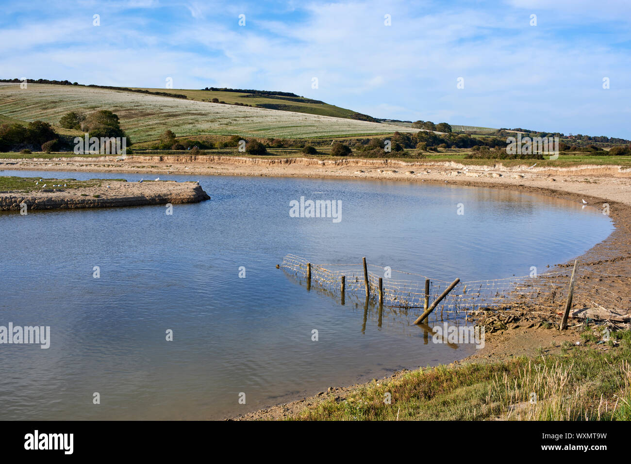Il fiume di marea Cuckmere e il South Downs, vicino a Eastbourne, East Sussex, guardando a nord Foto Stock