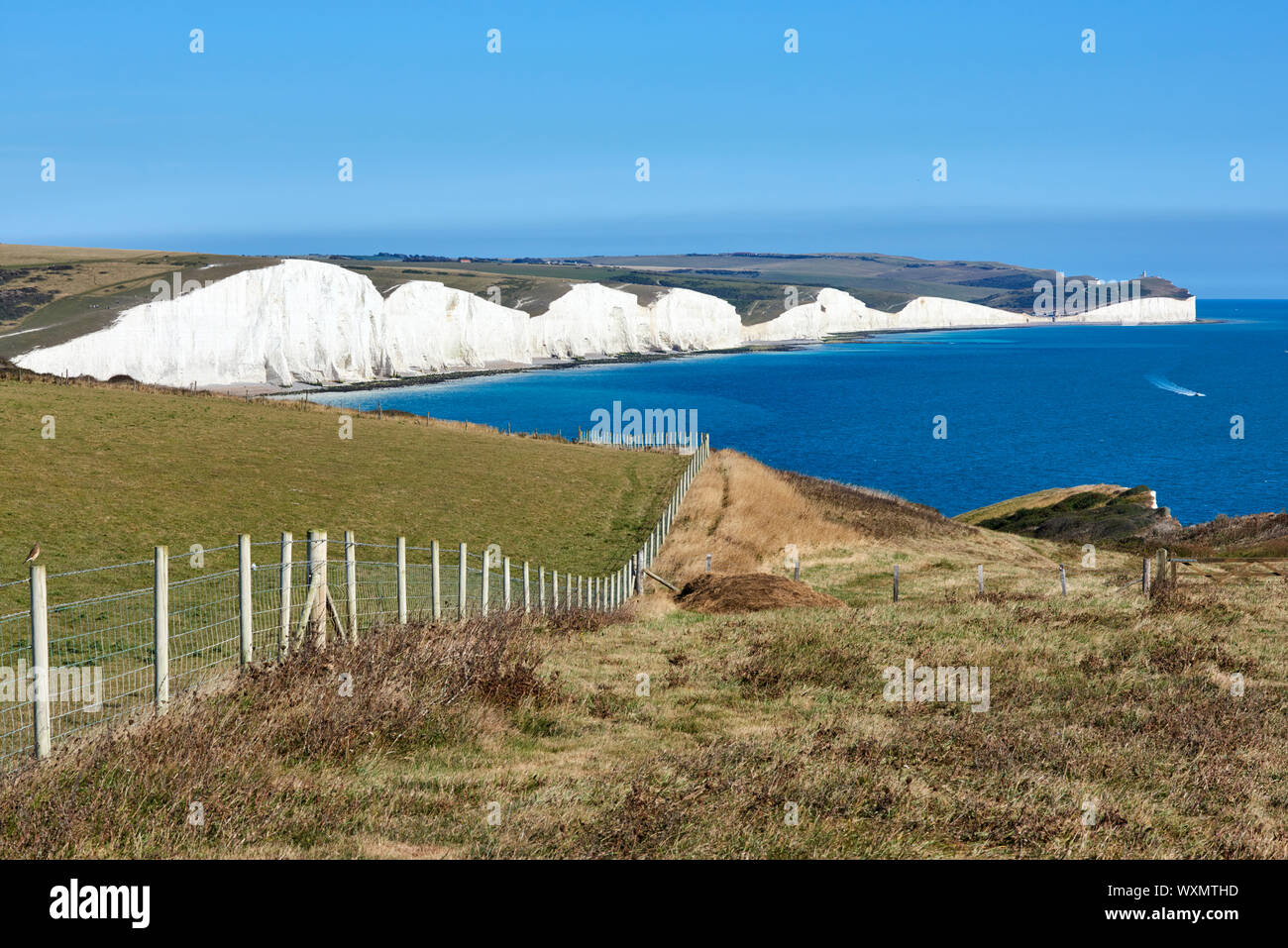 Seaford testa sul South Downs, East Sussex, Regno Unito, guardando ad est verso le sette sorelle Foto Stock
