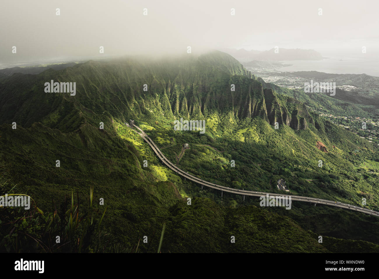 Mountain top viste in Oahu. Il sentiero sterrato sulla dorsale di guardare indietro giù per la valle verso l'inizio dell'Moanalua Valley Trail. Foto Stock