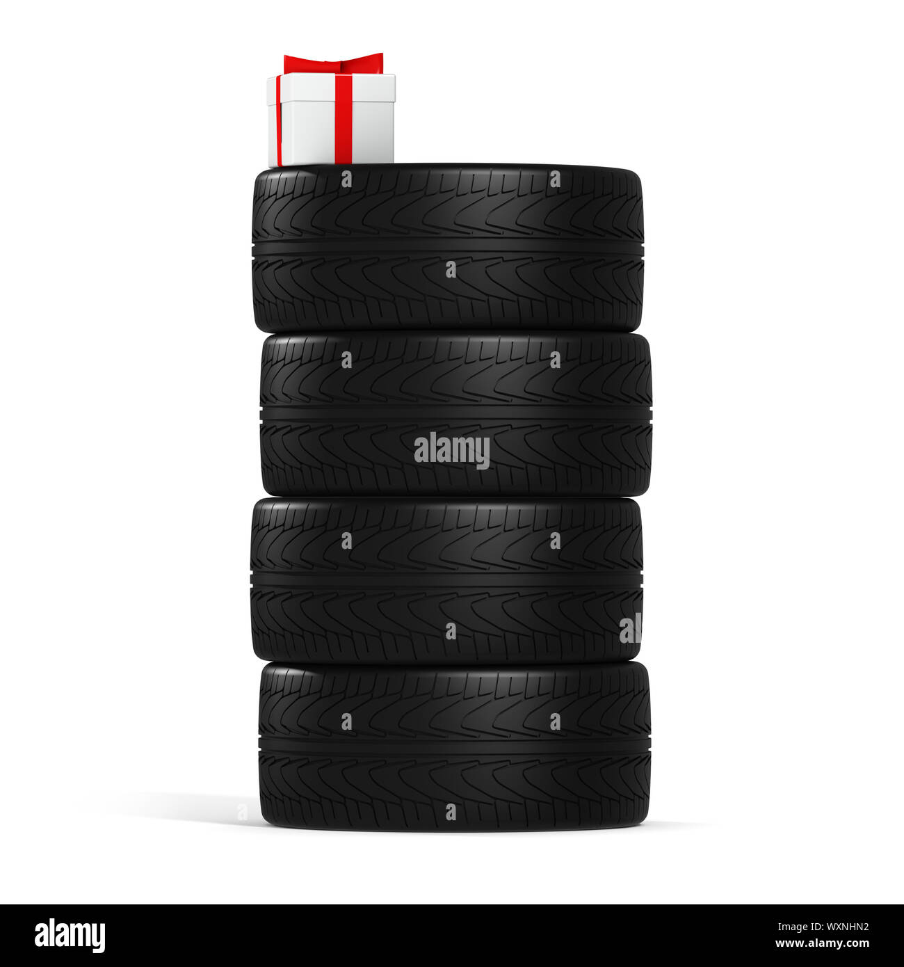 Quattro nuovi pneumatici vettura e dono di bianco con nastro rosso su sfondo bianco Foto Stock