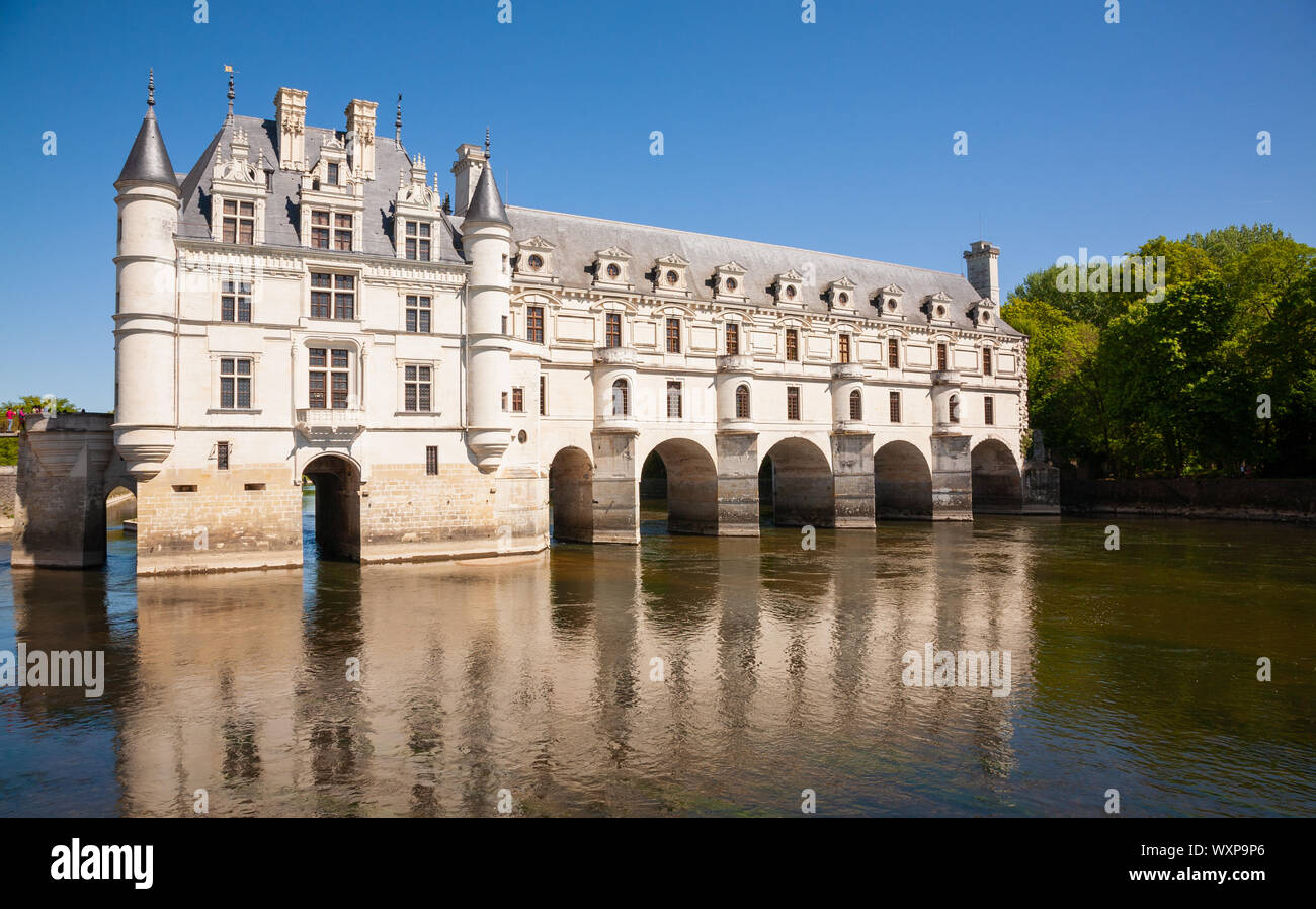 Chateau de Chenonceau oltre il fiume nella Valle della Loira, Francia Foto Stock