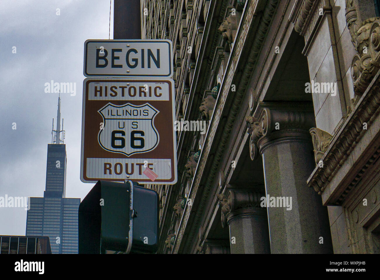 La storica Route 66 iniziano segno, Chicago, Stati Uniti Foto Stock
