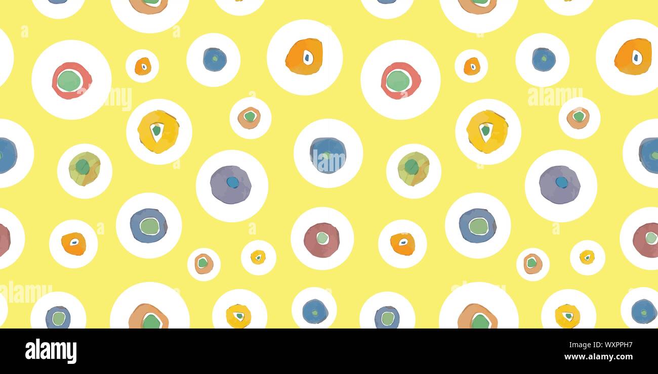 Vettore giallo schema di ripetizione con punto bianco e acquerello spot. Colori pastello. Ideale per carta e tessuti progetti. Modello di superficie di progettazione. Illustrazione Vettoriale