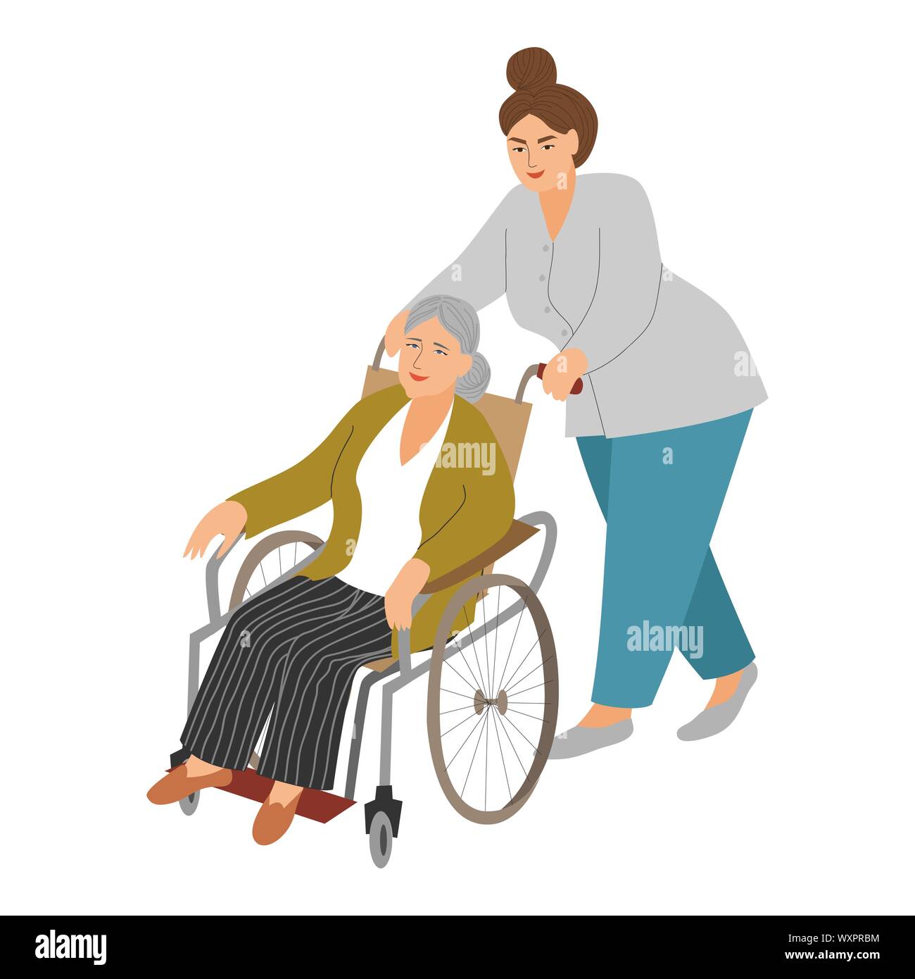 Un infermiere porta una donna anziana in una sedia a rotelle. Disegnate a mano cartoon piatta illustrazione vettoriale isolato su bianco per banner o poster design. Illustrazione Vettoriale