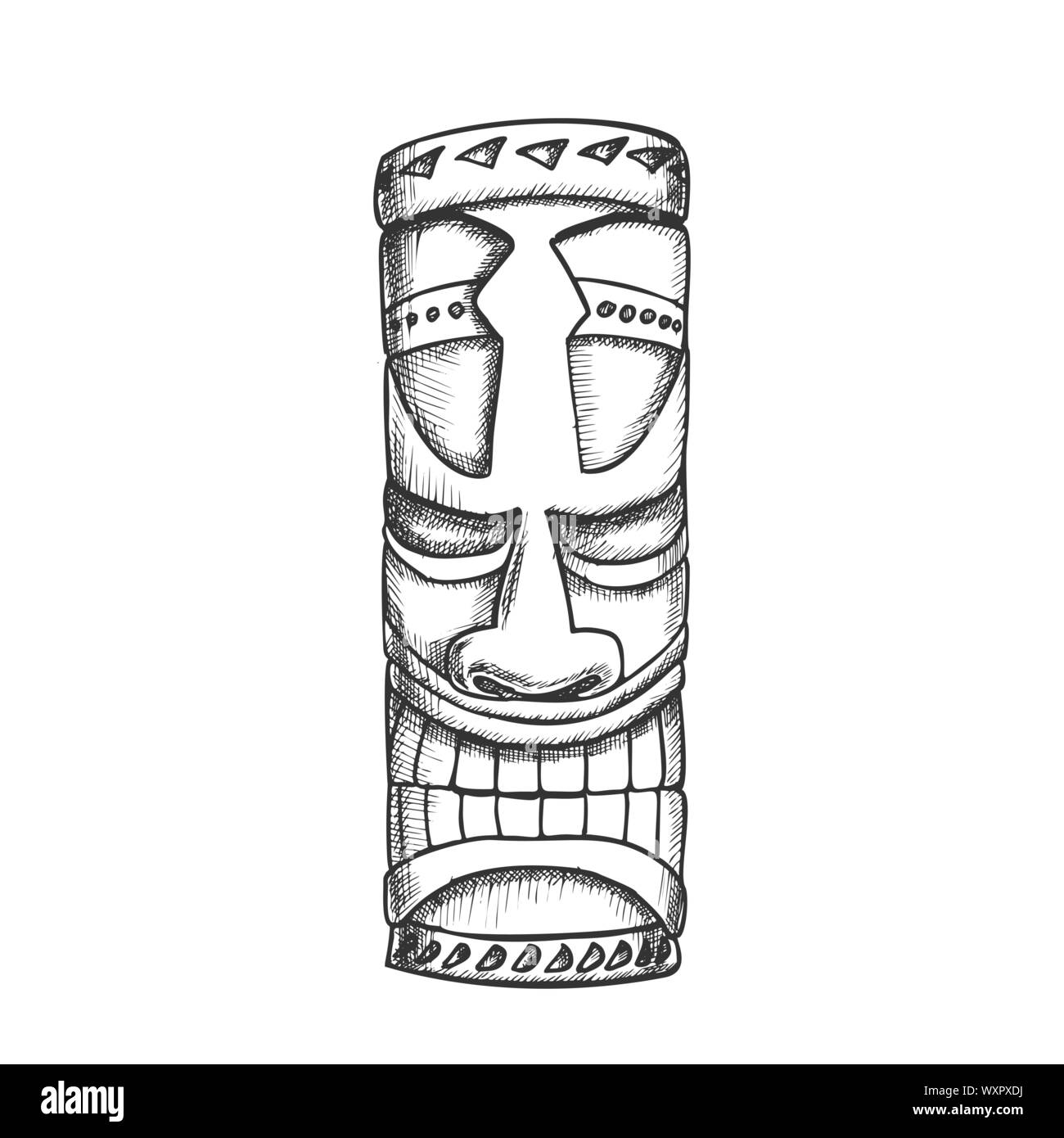 Idolo Tiki Hawaiiano statua in legno vettore monocromatica Illustrazione Vettoriale