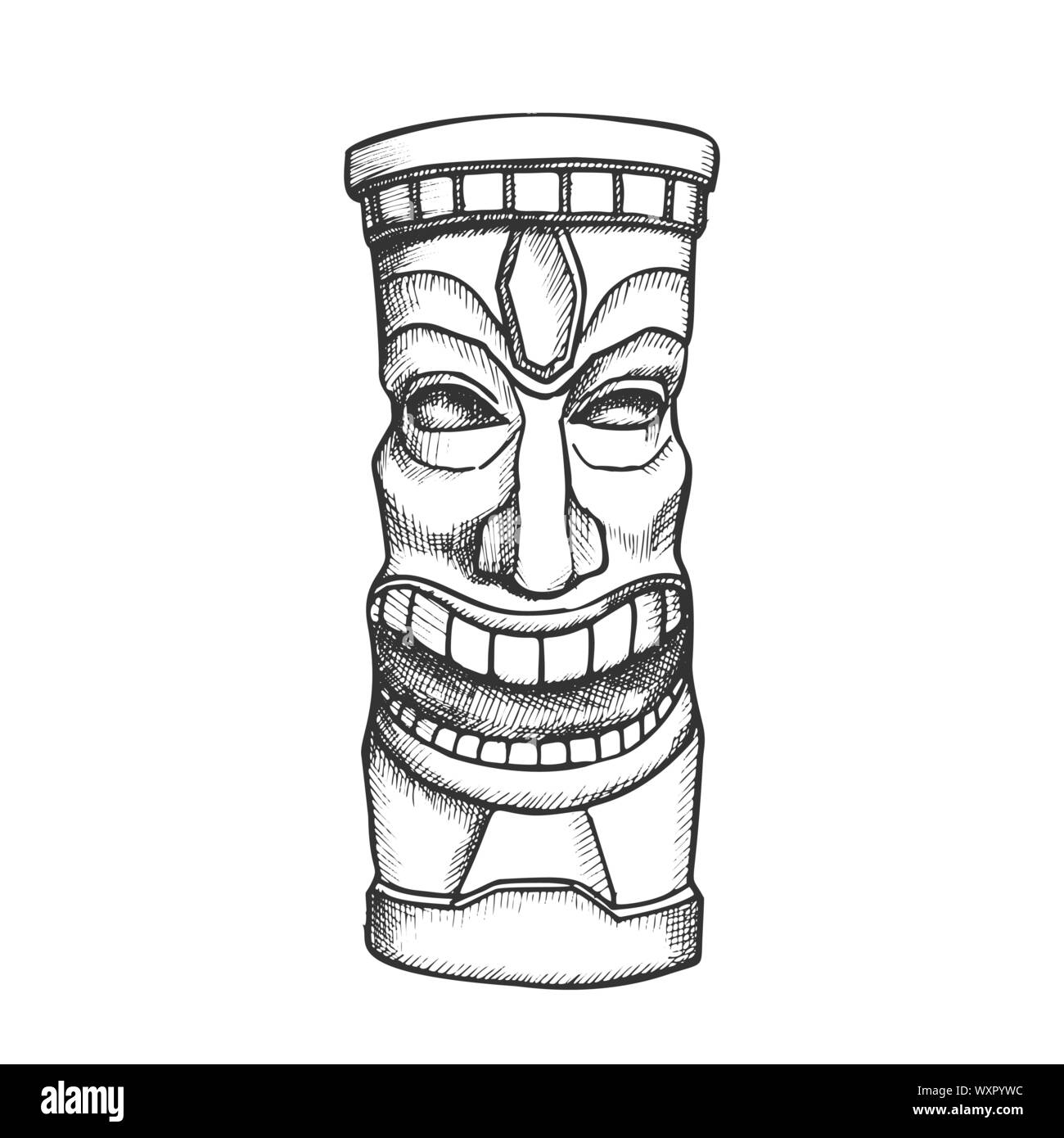 Tiki idolo di legno intagliato ridere Totem vettore inchiostro Illustrazione Vettoriale