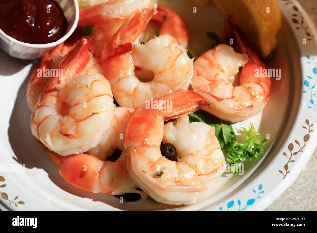 cocktail di gamberetti con salsa cocktail di gamberetti servita da una capanna di pesce. Eastham.Massachusetts.Cape Cod.Usa Foto Stock