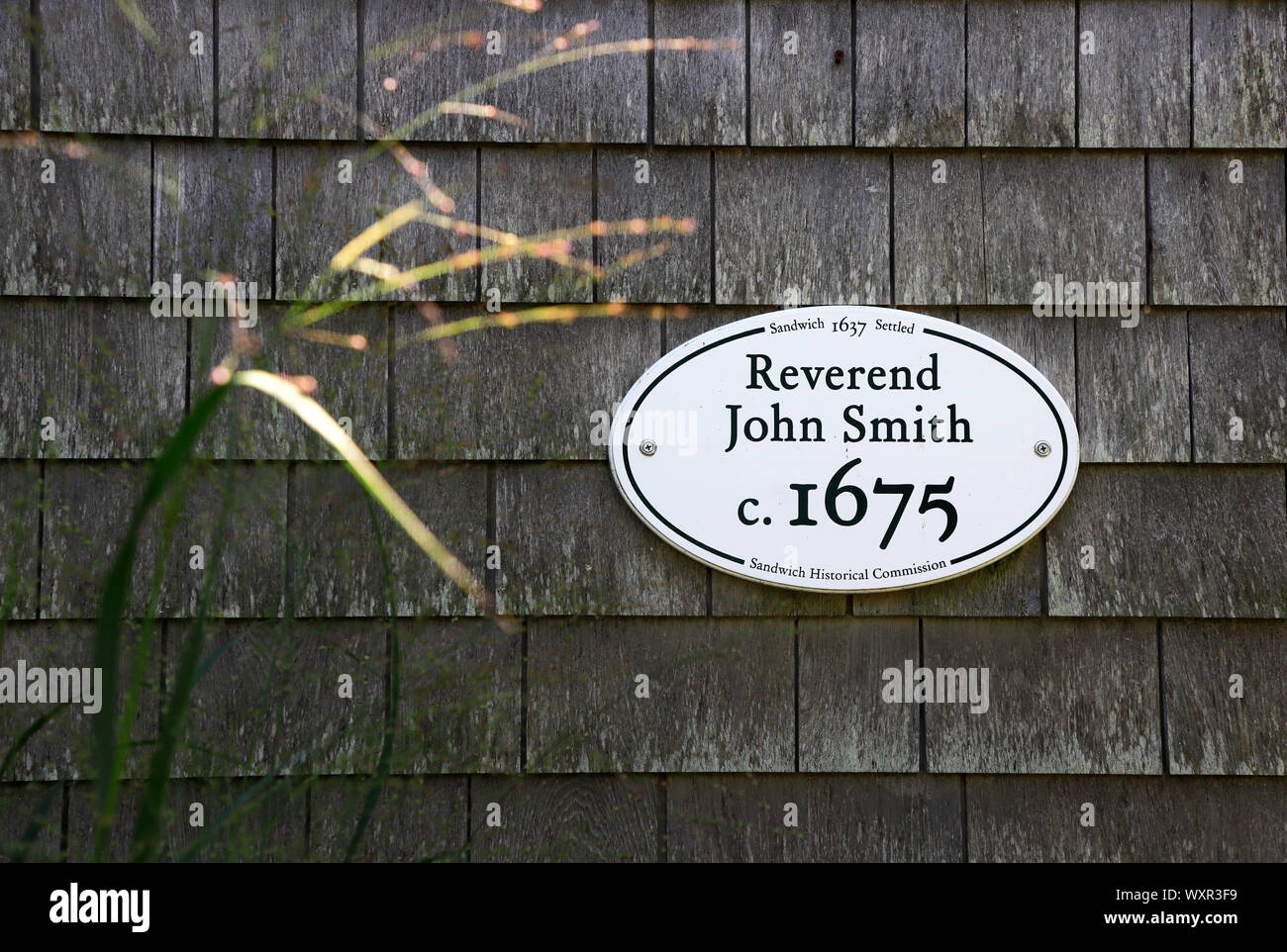 Il Reverendo John Smith.C.1675 sulla parete esterna della casa Hoxie, una delle case più antiche in Massachusetts.panino.Massachusetts.USA Foto Stock