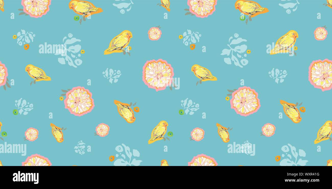 Vettore blu schema di ripetizione con giallo Fiore Dahlia e pappagallo. Estate motivo floreale. Ideale per carta e tessuti progetti. Illustrazione Vettoriale