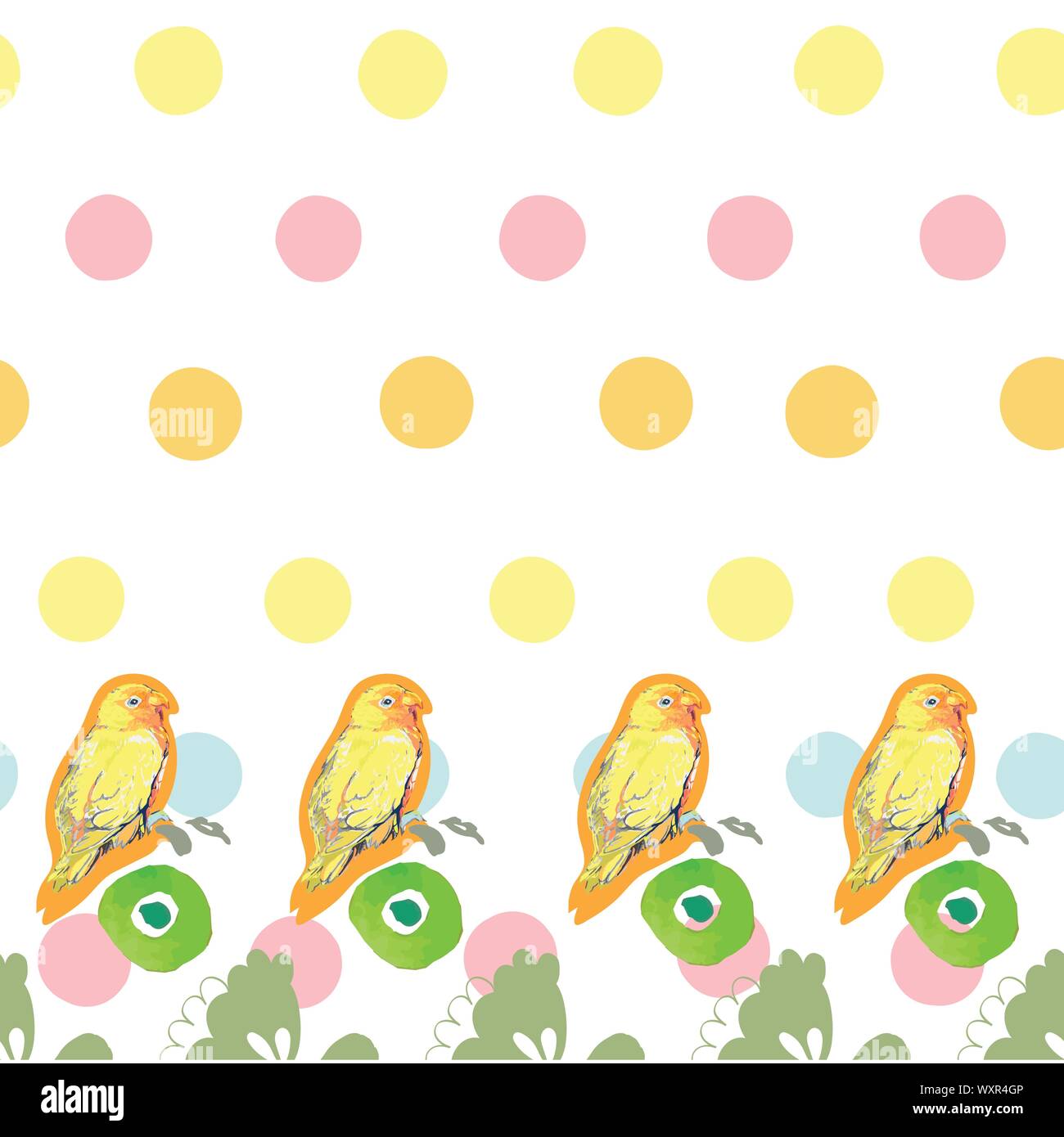 Vettore di bianco ripetere il confine con il pappagallo giallo pastello e dot. Estate motivo floreale. Ideale per carta e tessuti progetti. Illustrazione Vettoriale