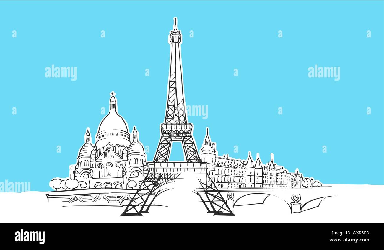 Parigi Francia Skyline Panorama disegno vettoriale. Disegnate a mano Immagine su sfondo blu. Illustrazione Vettoriale