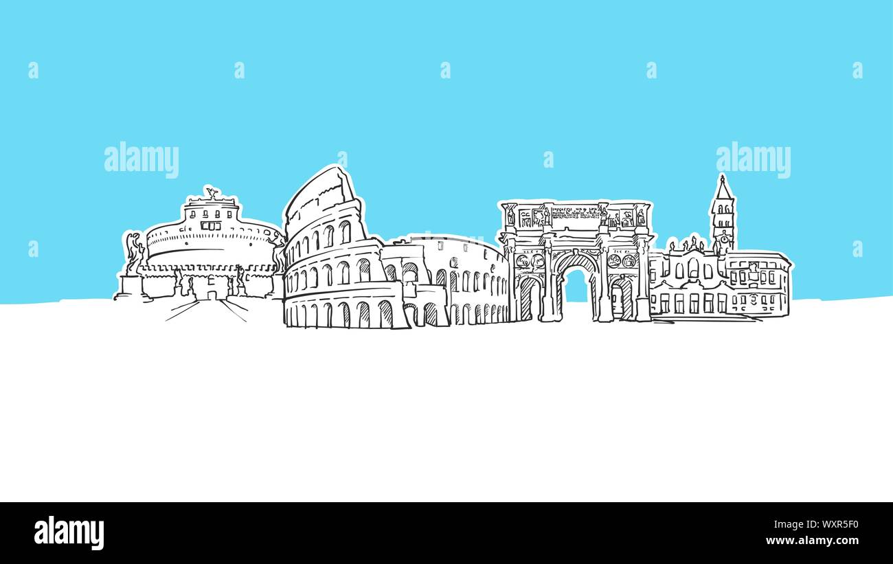Roma Italia Panorama dello Skyline di disegno vettoriale. Disegnate a mano Immagine su sfondo blu. Illustrazione Vettoriale