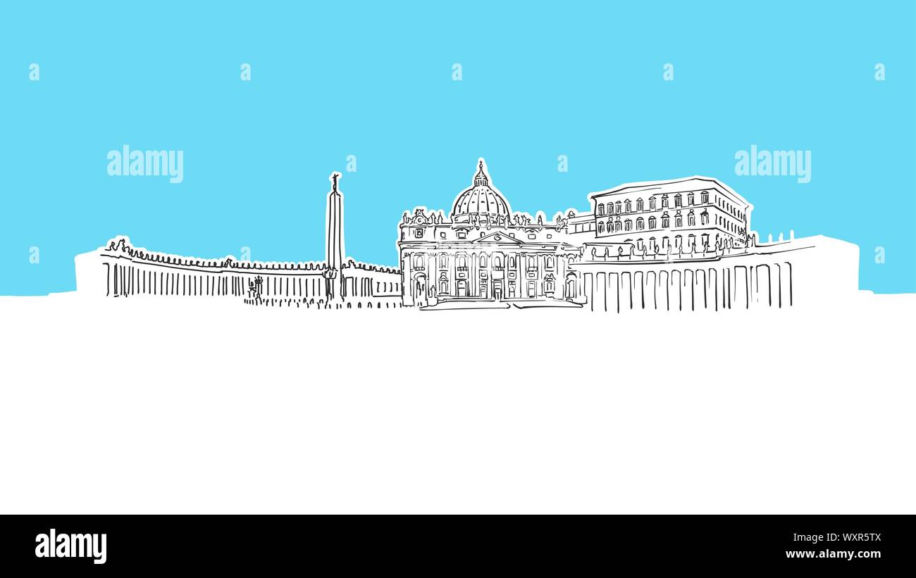 Città del Vaticano il panorama dello Skyline di disegno vettoriale. Disegnate a mano Immagine su sfondo blu. Illustrazione Vettoriale