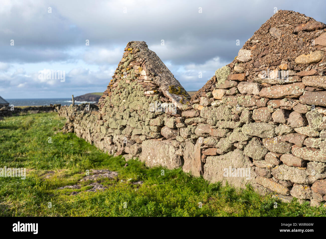 Abbandonare rovinata casa di pietra in Hamnavoe, Continentale, le isole Shetland, Scotland, Regno Unito Foto Stock