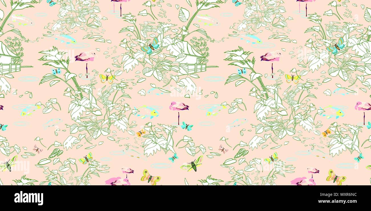 Lo stile di attacco giungla esotica paesaggio pattern. Foglia di botanica, linea stile arte in toni pastello. Storico ed elegante stile voyager. La progettazione di packaging, home decor, fermo. Illustrazione Vettoriale