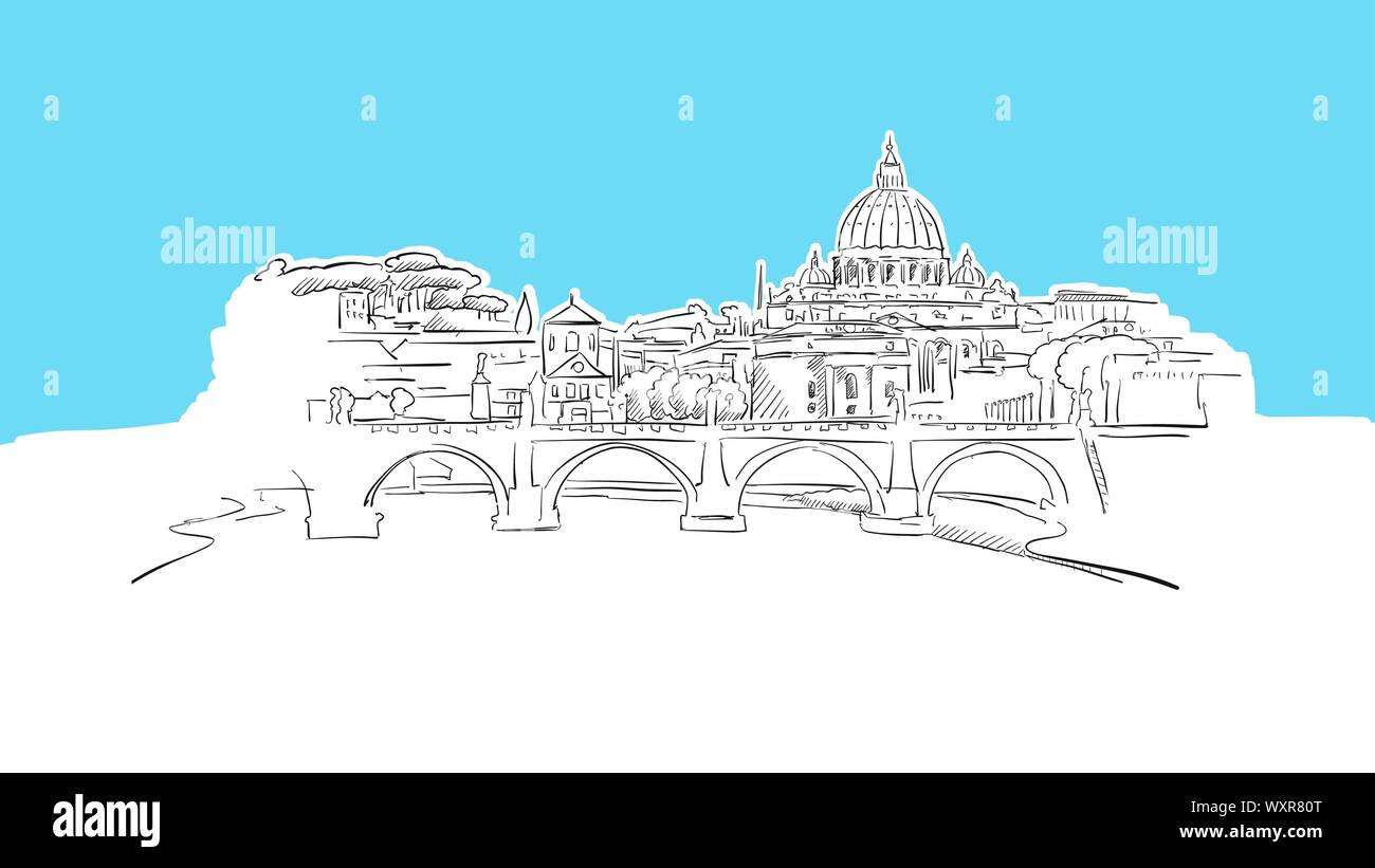 Panorama di Roma Panorama disegno vettoriale. Disegnate a mano Immagine su sfondo blu. Illustrazione Vettoriale