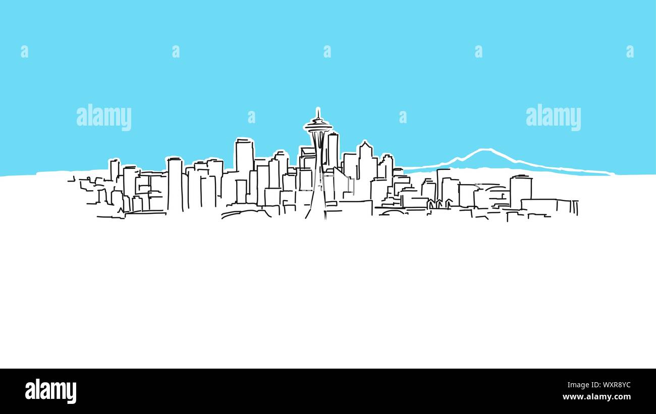 Seattle Skyline Panorama disegno vettoriale. Disegnate a mano Immagine su sfondo blu. Illustrazione Vettoriale