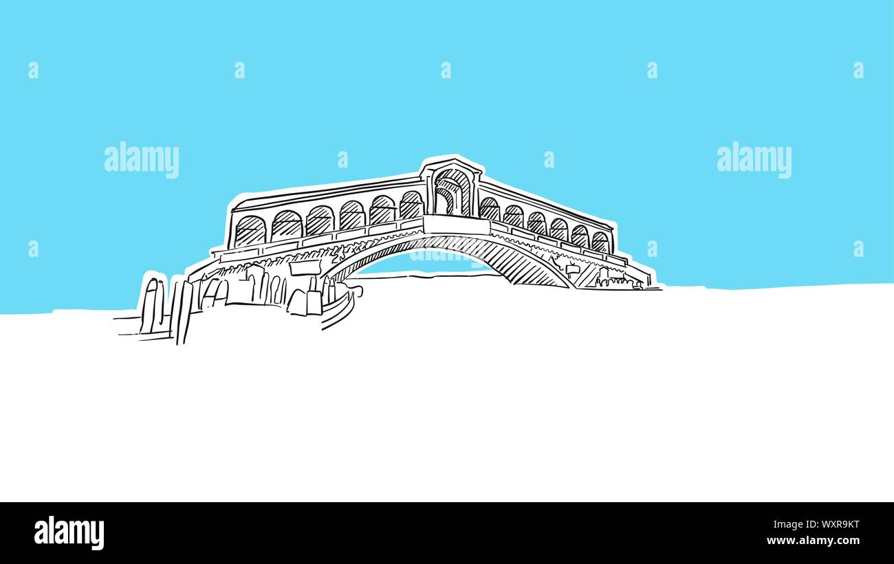 Venezia Ponte di Rialto Panorama dello Skyline di disegno vettoriale. Disegnate a mano Immagine su sfondo blu. Illustrazione Vettoriale