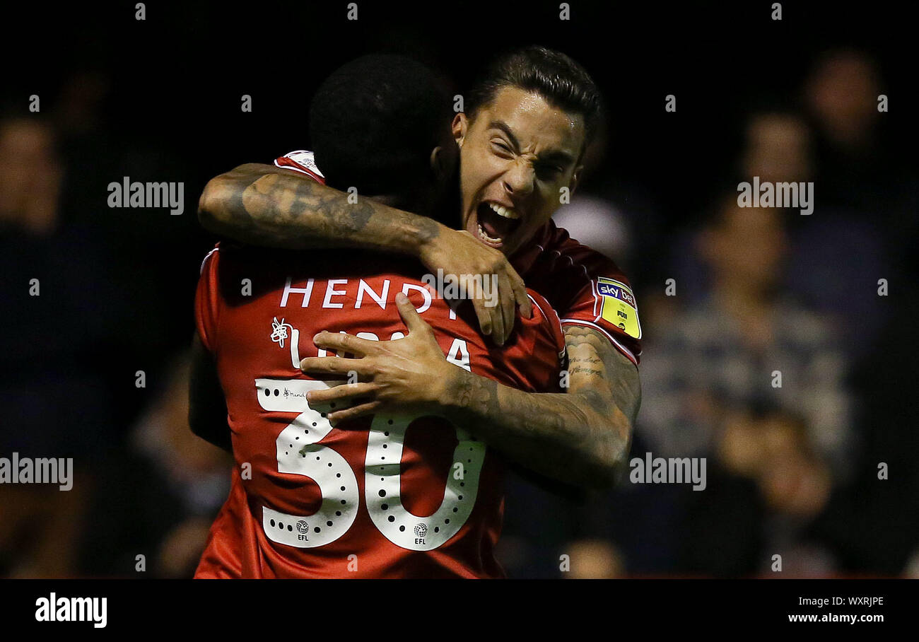 Crawley, Regno Unito. Xvii Sep, 2019. Crawley Town Reece Grego-Cox celebra rigature durante il Cielo lega Bet una corrispondenza tra la città di Crawley e Plymouth Argyle presso i popoli Pension Stadium in Crawley. Credito: teleobiettivo con immagini/Alamy Live News Foto Stock