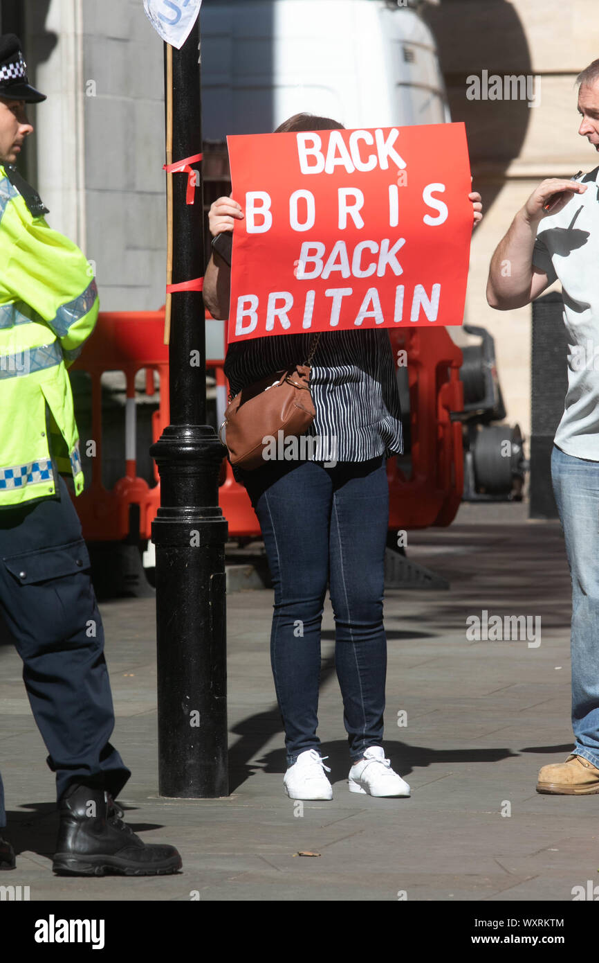 Un Pro rimangono protester detiene una targhetta al di fuori della Corte Suprema a Londra all'inizio dei ricorsi presentati contro scozzese e tribunali inglesi sulle decisioni del governo proroguing del Parlamento. Foto Stock