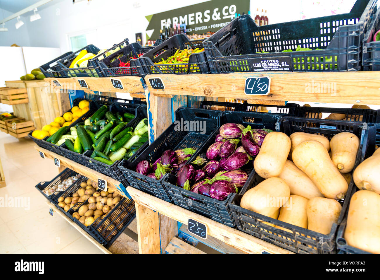 Supermercato organico Mercat pagine di Sant Francesc Xavier, Formentera, isole Baleari, Spagna Foto Stock