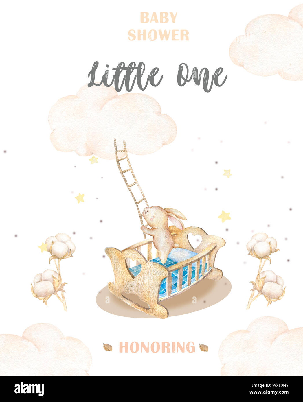 Sognare un piccolo grande. Simpatico coniglietto acquerello con nubi culla  e stelle. Baby, poster per bambini, wall art, card, baby shower Incitaton.  Colorato Foto stock - Alamy