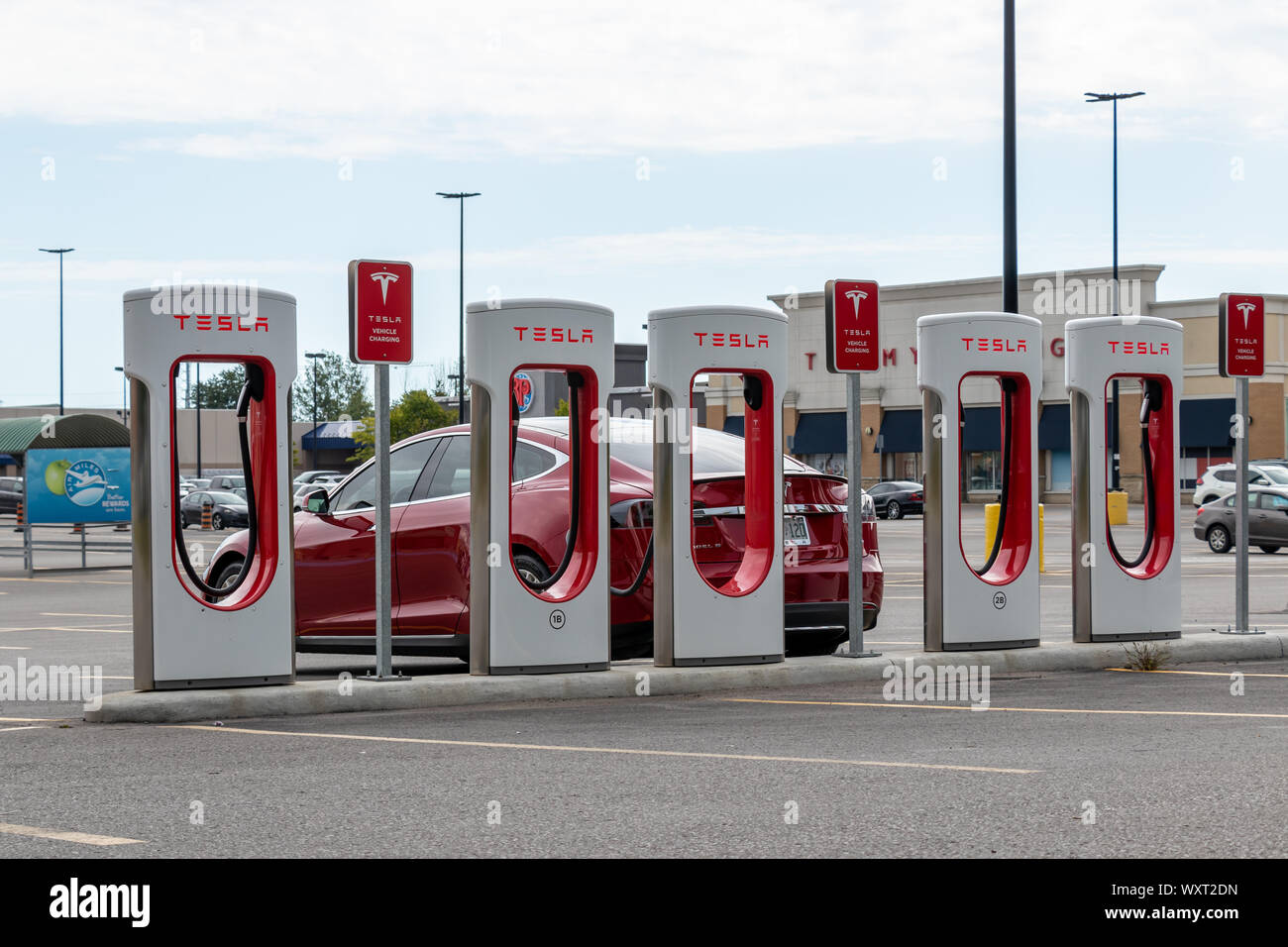 Stazione Supercharger Tesla in un parcheggio aperto con Tesla Model S collegata dietro. Foto Stock