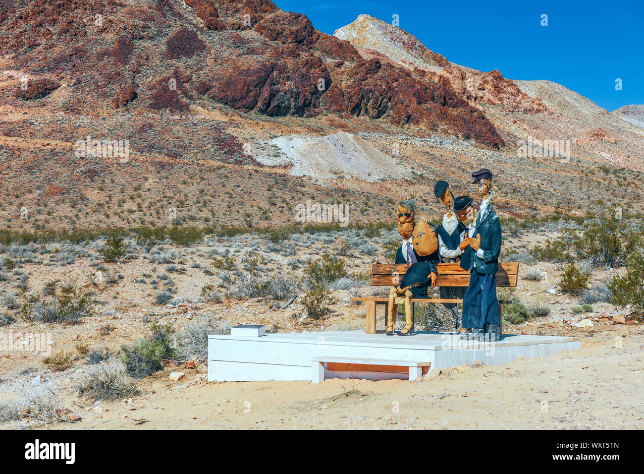 Riolite città fantasma. Il Nevada. Stati Uniti d'America - 21 Febbraio 2018 - tela burattini in Goldwell Open Air Museum Foto Stock