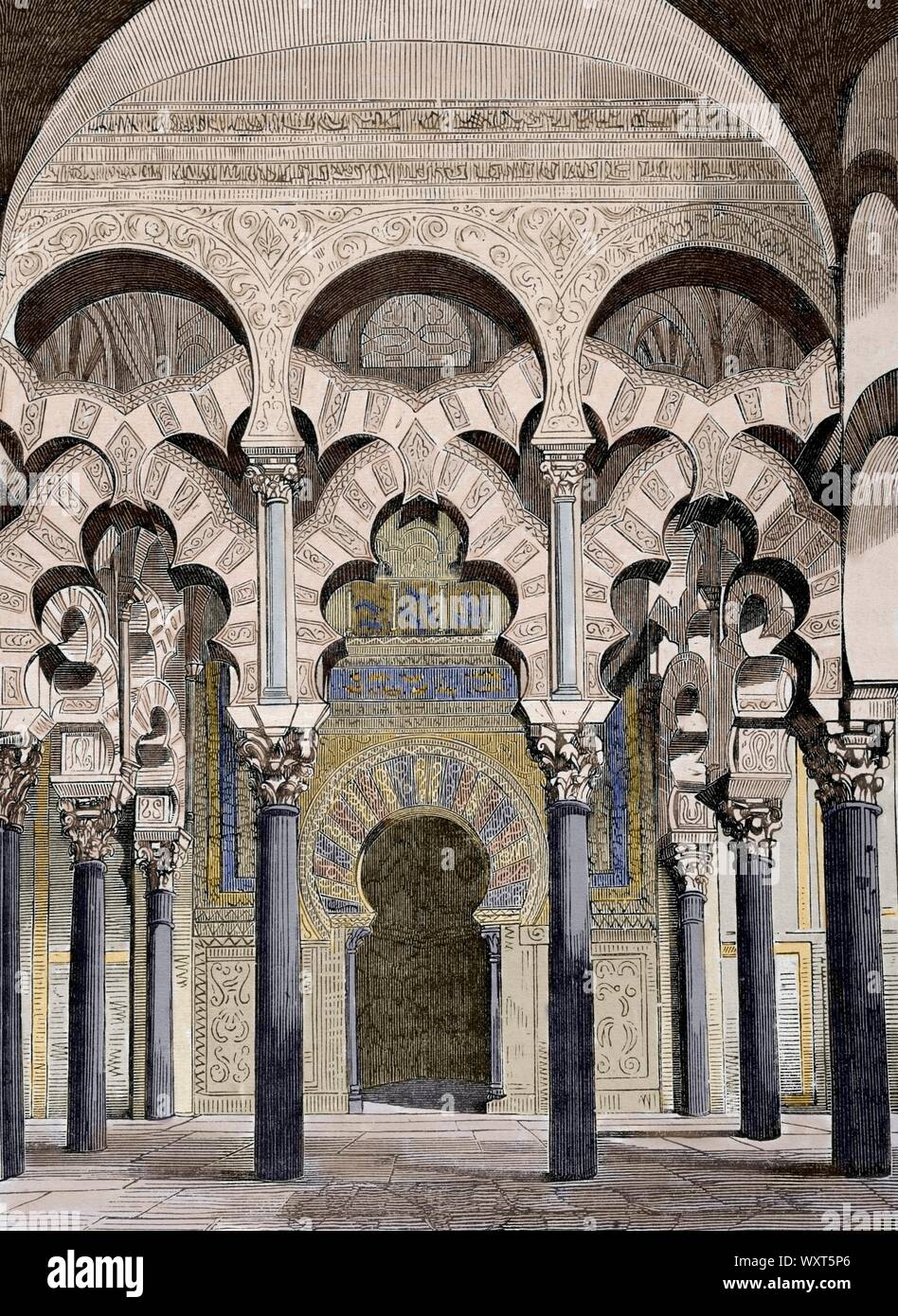 España. Andalusia. Córdoba. Interior de la Mezquita. Arcos lobulados en la antesala del mihrab. Dibujo por Vicente Urrabieta. Grabado. Crónica General de España, Historia Ilustrada y Descriptiva de sus Provincias. Andalucía, 1867. Coloreado. Foto Stock