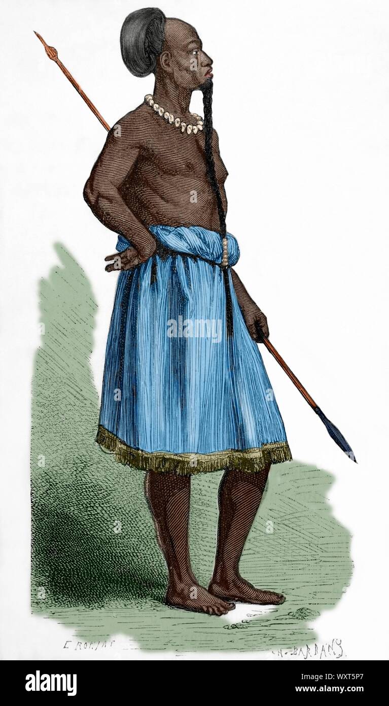 Africa centrale. Kiteté, Jefe de Mpungu. Dibujo por Etienne Ronjat (1822-?). Grabado por Charles Barbant. Coloreado. Africa Inexplorada, El Continente misterioso, por Henry Morton Stanley, h. 1887. Foto Stock