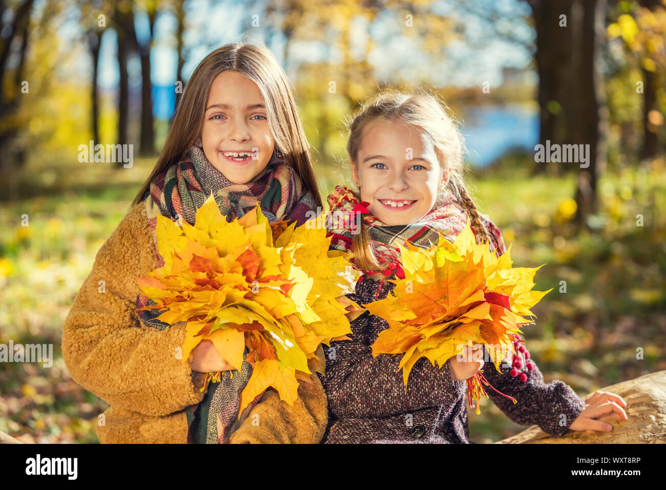 Due graziosi sorridente 8 anni le ragazze in posa insieme in un parco su una soleggiata giornata autunnale. Foto Stock