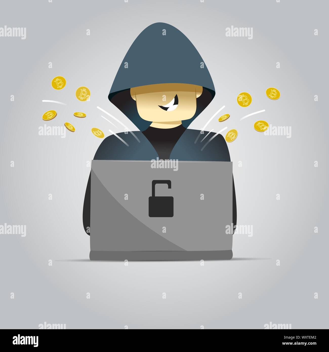 Cartoon hacker che nasconde la sua faccia sotto il cofano si rompe sistema di sicurezza per computer e rubare bitcoin cryptocurrency Illustrazione Vettoriale