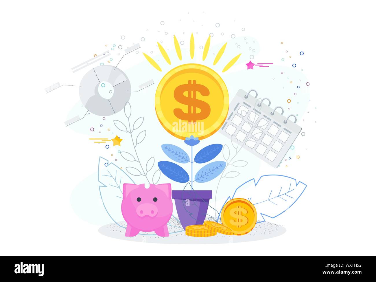 La crescita finanziaria la concezione di business. Dollari in un vaso di fiori. Illustrazione Vettoriale