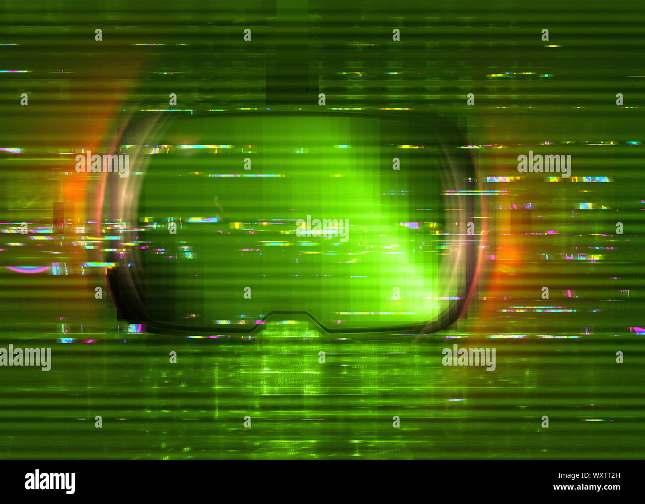 3D occhiali VR con grunge texture glitch, abstract tech sfondo. Foto Stock