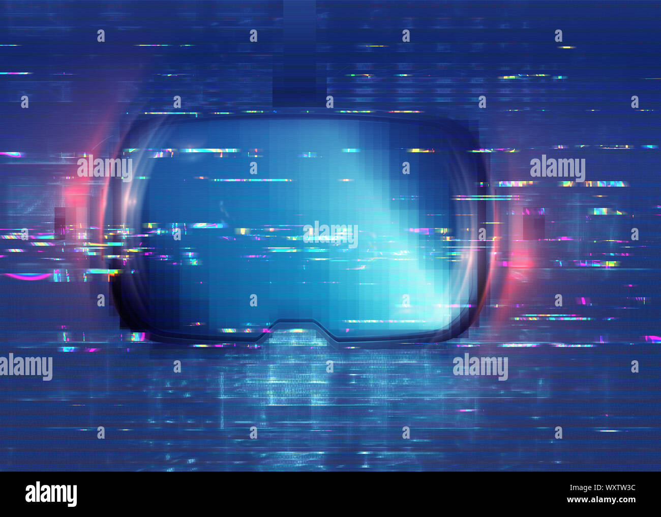 3D occhiali VR con grunge texture glitch, abstract tech sfondo. Foto Stock