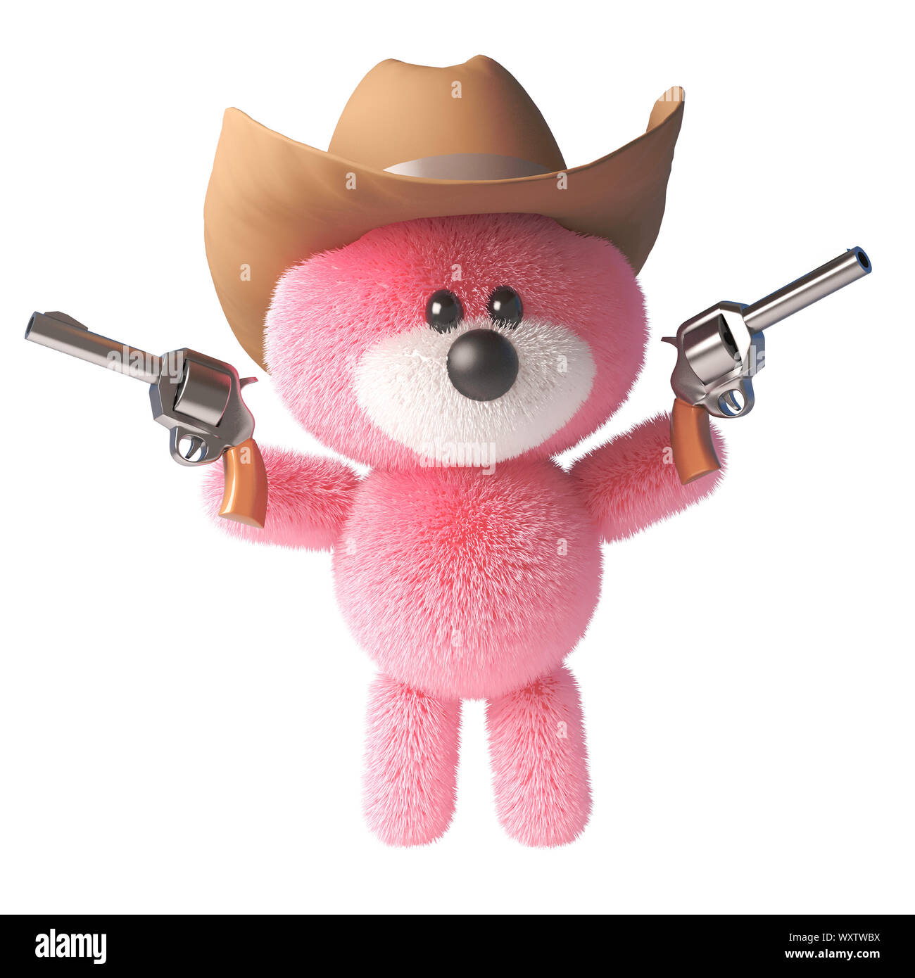 3d pink fluffy Teddy bear carattere con pelliccia morbida indossando un cowboy stetson hat e la ripresa di due pistole, 3D render illustrazione Foto Stock