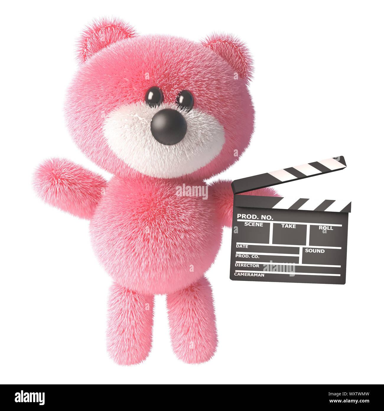 3d rosa orsacchiotto con soffice pelliccia tenendo un filmato clapperboard ardesia, 3D render illustrazione Foto Stock