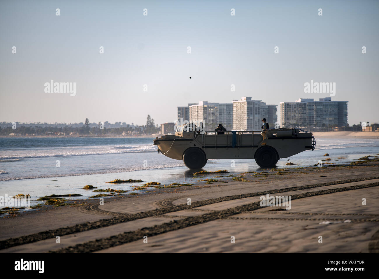 190914-N-DY073-0028 CORONADO, California (14 settembre 2019) Una spiaggia Unità Master Un accendino di rialimentazione anfibio Cargo (LARC) unità di veicolo in acqua per ricevere il condotto per il petrolio offshore scarica le operazioni di sistema per l'Artico capacità Expeditionary Esercizio (AECE). Circa 3.000 U.S. Navy e Marine Corps personale partecipare AECE 2019, una formazione congiunta esercizio che prove expeditionary capacità logistiche nell'Artico e la California Meridionale regioni e prepara le forze congiunte di rispondere alle crisi in tutta l'Indo-Pacifico. (U.S. Navy foto di comunicazione di massa spe Foto Stock