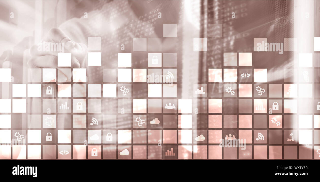 Abstract digitali pixel di sfondo icone sfocate moderna sala server. La tecnologia di telecomunicazione internet Iot di cosa concetto. Foto Stock