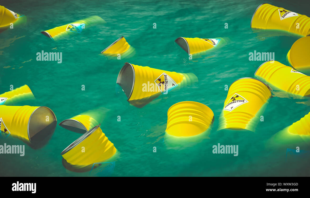 Immagine 3D render di botti di giallo con l'etichetta di radioattività oggetto di dumping in mare aperto. Foto Stock